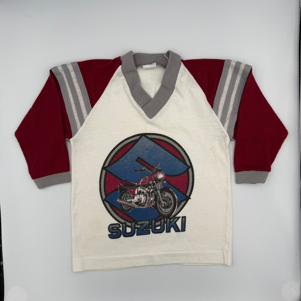 Vintage 80s Suzuki Motorcycle Boys Shirt –‎ Red Sleeve Racing Tee 3T